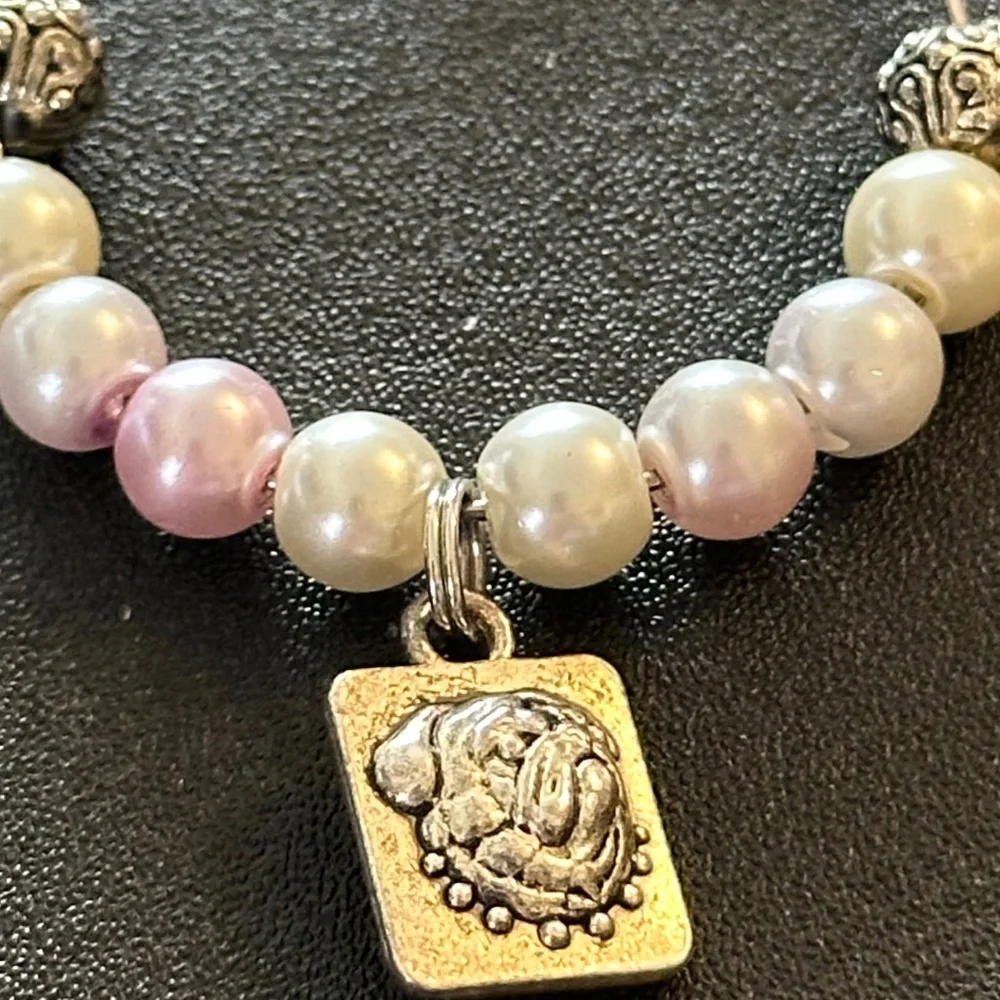 Wine glass tag stainless steel hoop pink/white/metal beads, dog charm